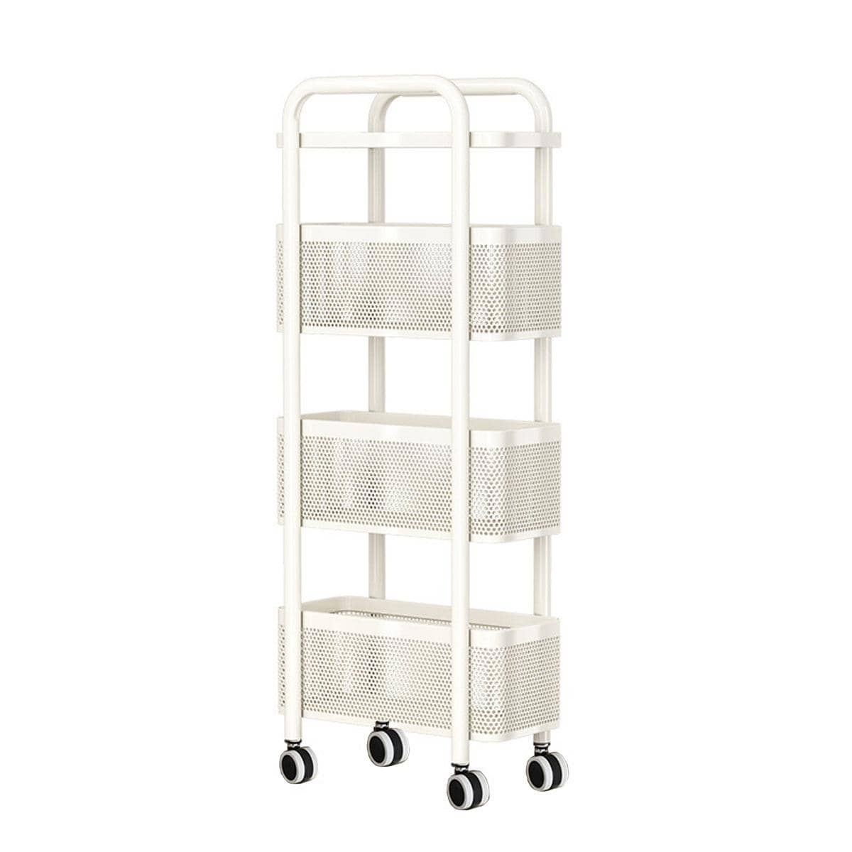 Slim 3-Tier Rolling Storage Trolley with Perforated Baskets - White