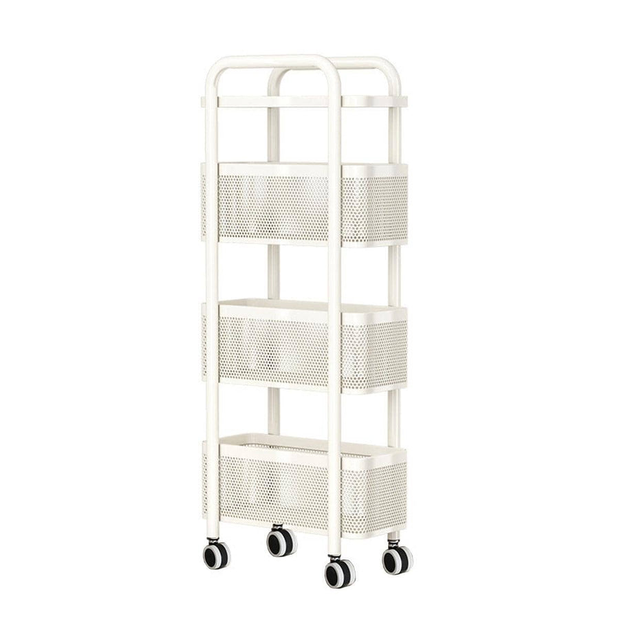 Slim 3-Tier Rolling Storage Trolley with Perforated Baskets - White
