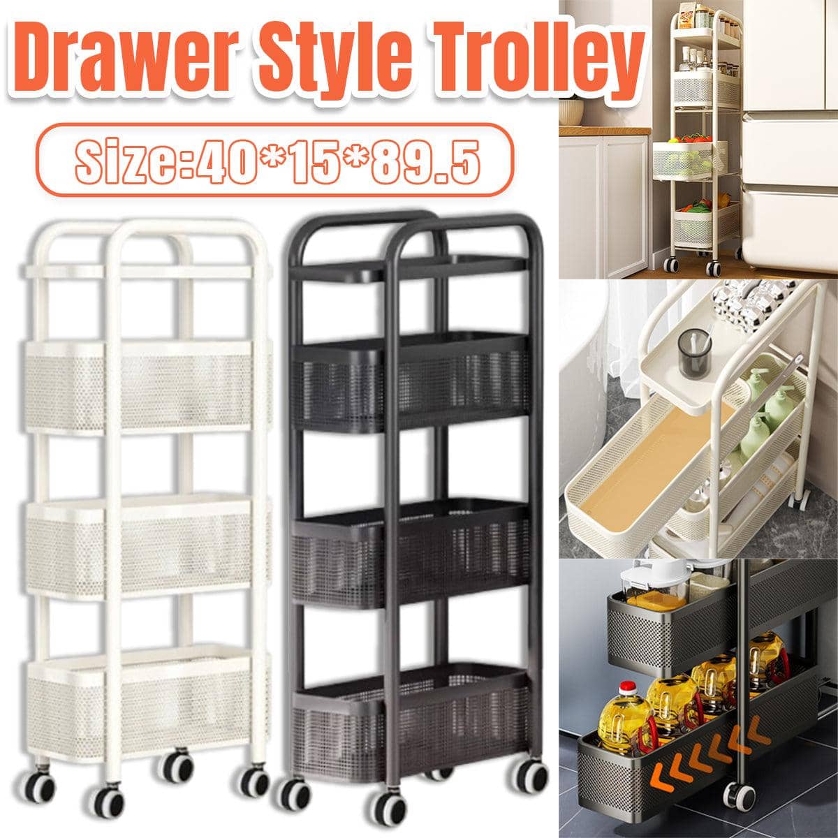 Slim 3-Tier Rolling Storage Trolley with Perforated Baskets - White - view 2
