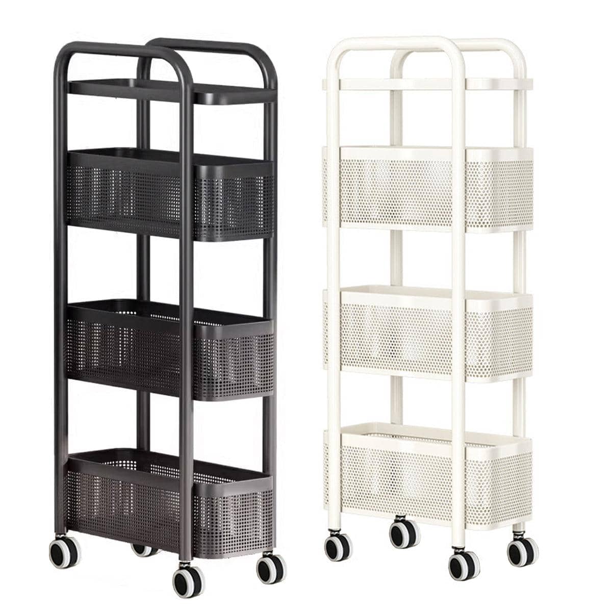 Slim 3-Tier Rolling Storage Trolley with Perforated Baskets - White - view 3
