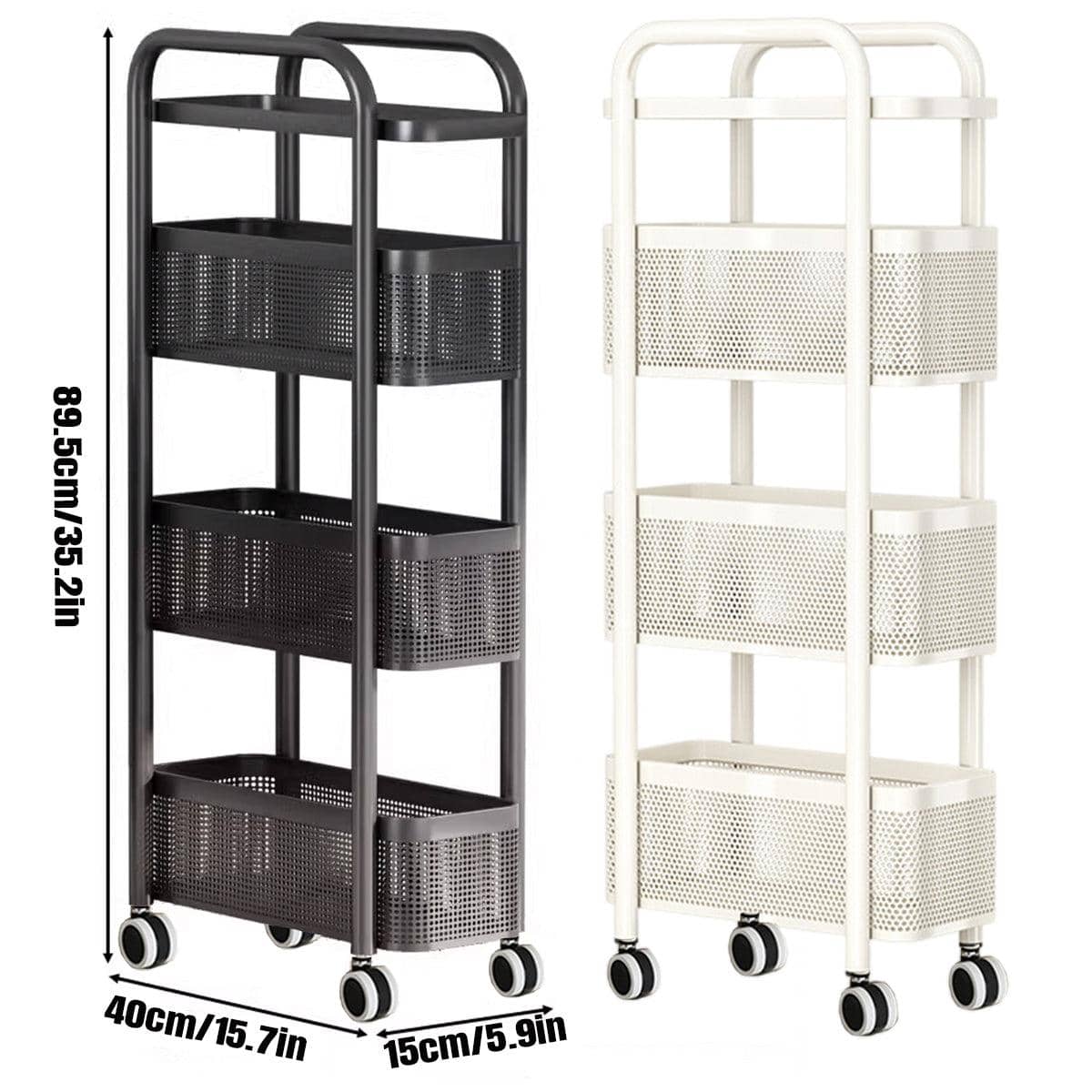 Slim 3-Tier Rolling Storage Trolley with Perforated Baskets - White - view 4