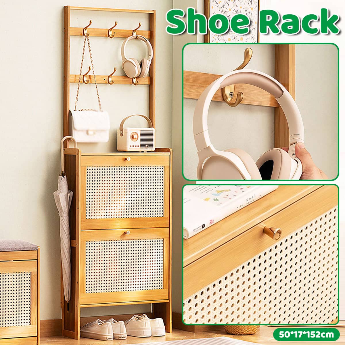 Slim Bamboo Shoe Cabinet with Tipping Door and Hooks - Natural Wood