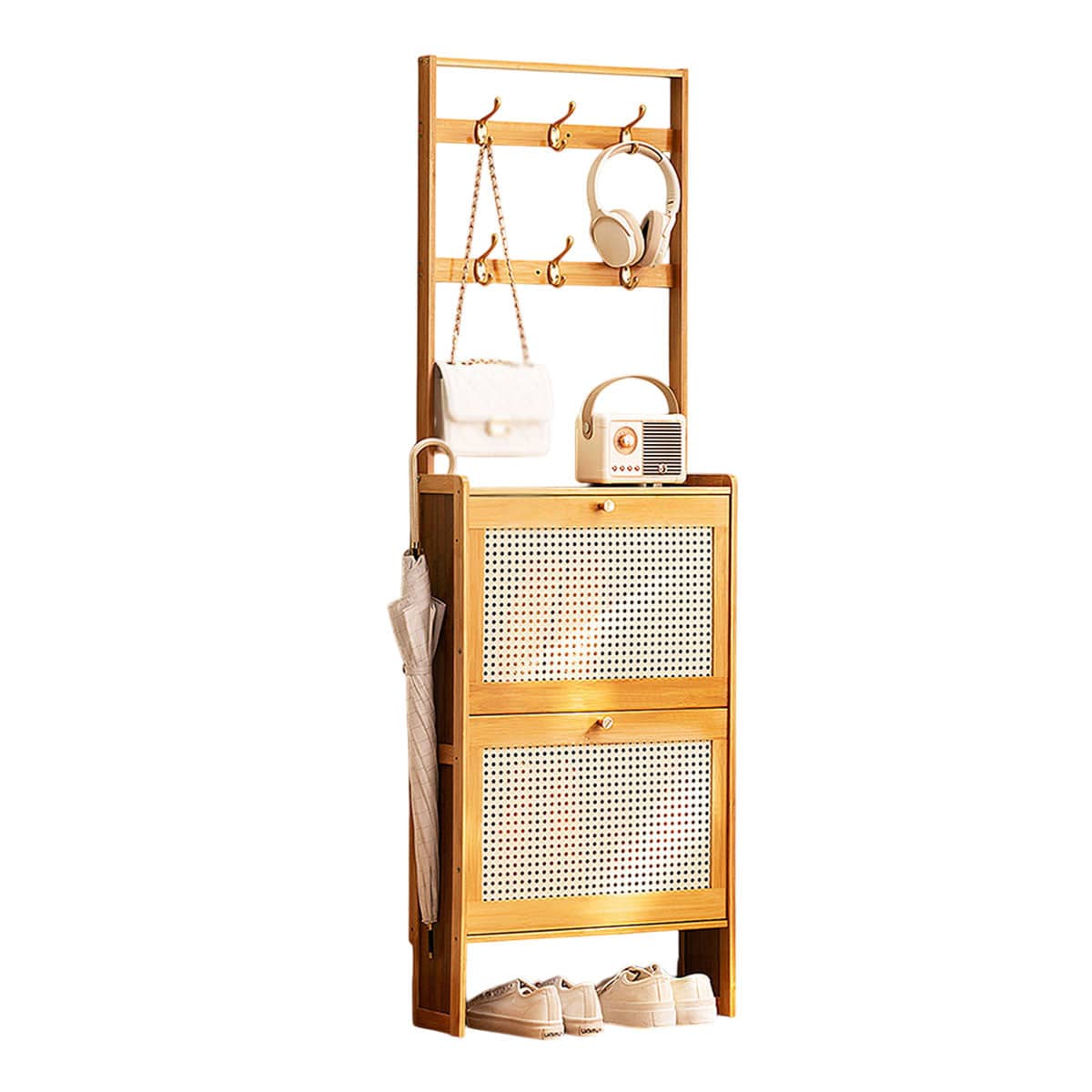 Slim Bamboo Shoe Cabinet with Tipping Door and Hooks - Natural Wood - view 2