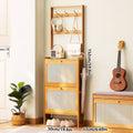 Slim Bamboo Shoe Cabinet with Tipping Door and Hooks - Natural Wood - view 3