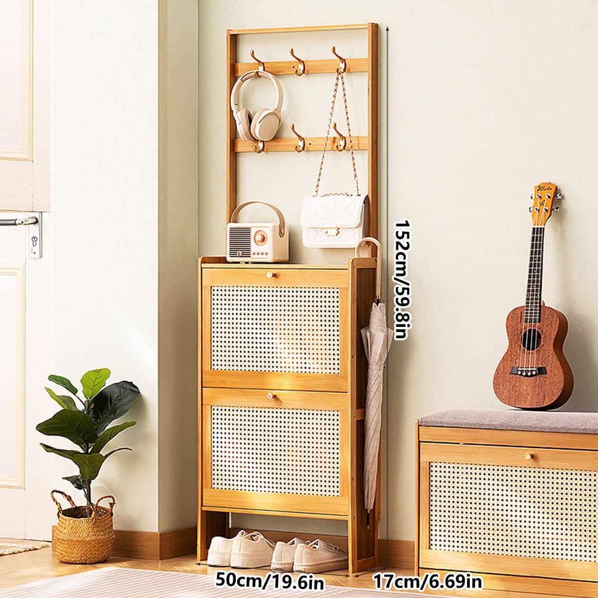 Slim Bamboo Shoe Cabinet with Tipping Door and Hooks - Natural Wood - view 3