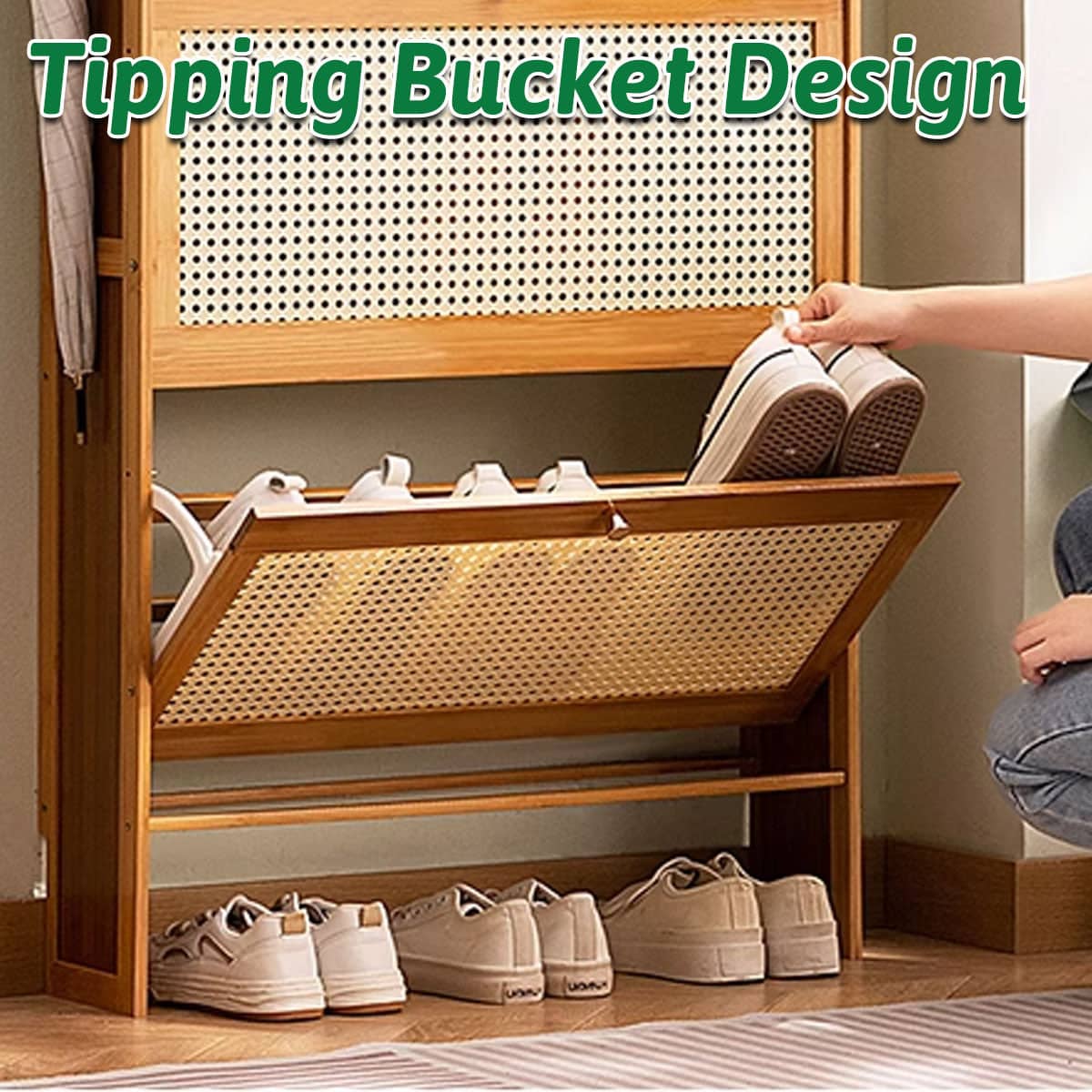 Slim Bamboo Shoe Cabinet with Tipping Door and Hooks - Natural Wood - view 5