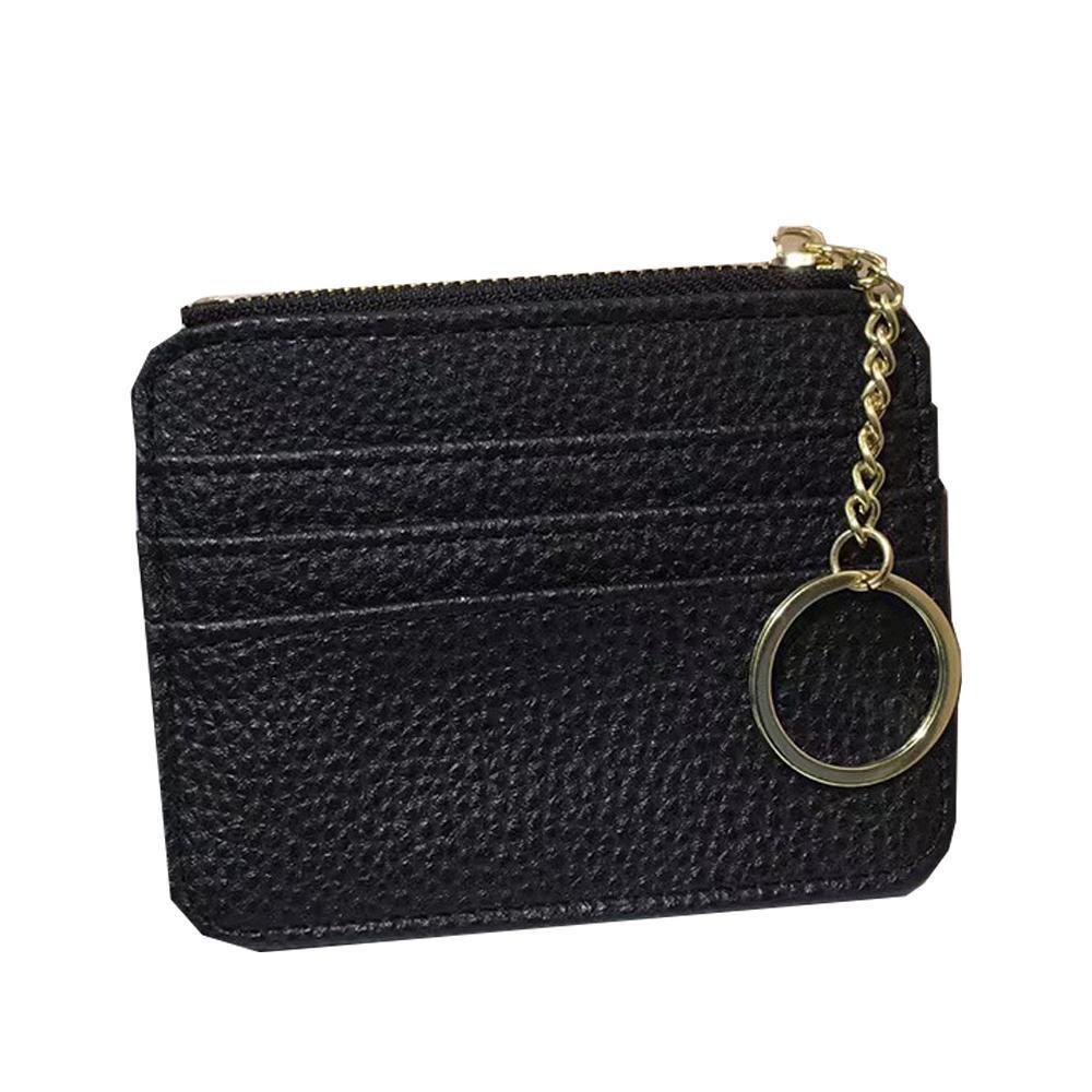 Slim Faux Leather Zip Coin and Card Wallet with Key Ring - Black