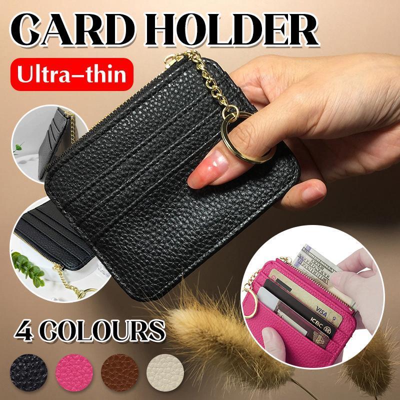 Slim Faux Leather Zip Coin and Card Wallet with Key Ring - Black - view 2