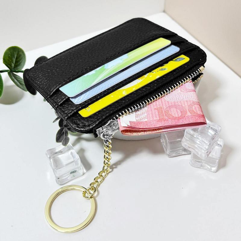 Slim Faux Leather Zip Coin and Card Wallet with Key Ring - Black - view 3