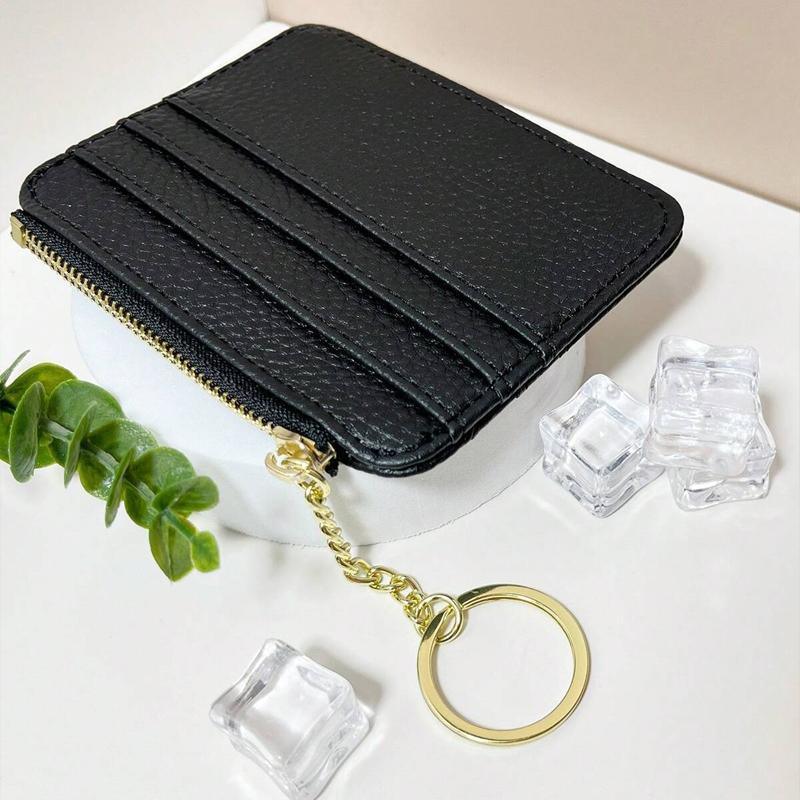 Slim Faux Leather Zip Coin and Card Wallet with Key Ring - Black - view 5