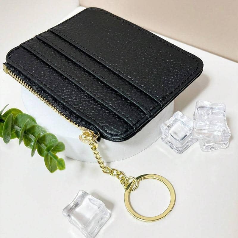 Slim Faux Leather Zip Coin and Card Wallet with Key Ring - Brown - view 5