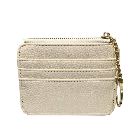 Slim Faux Leather Zip Coin and Card Wallet with Key Ring - Cream