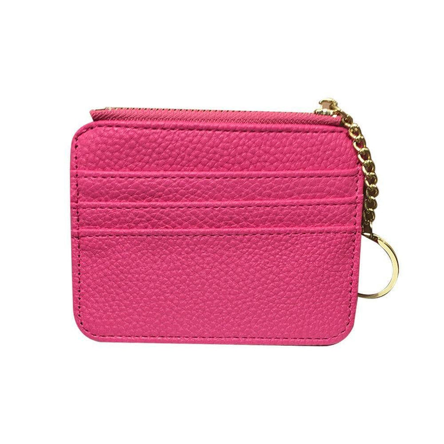 Slim Faux Leather Zip Coin and Card Wallet with Key Ring - Hot Pink