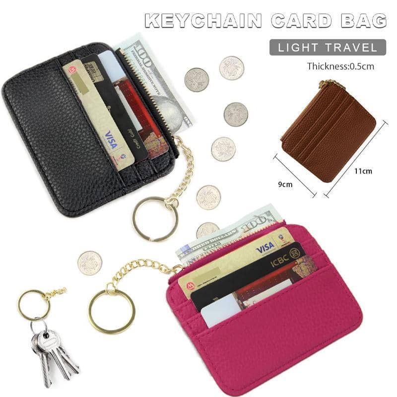 Slim Faux Leather Zip Coin and Card Wallet with Key Ring - Hot Pink - view 4