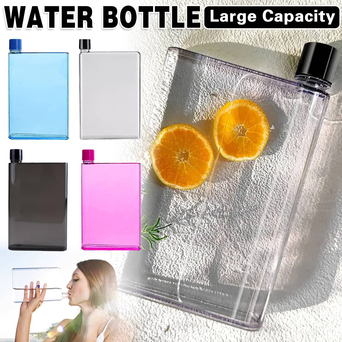 Slim Flat Water Bottle, BPA-Free Plastic Drink Bottle - Black 750ml - view 2