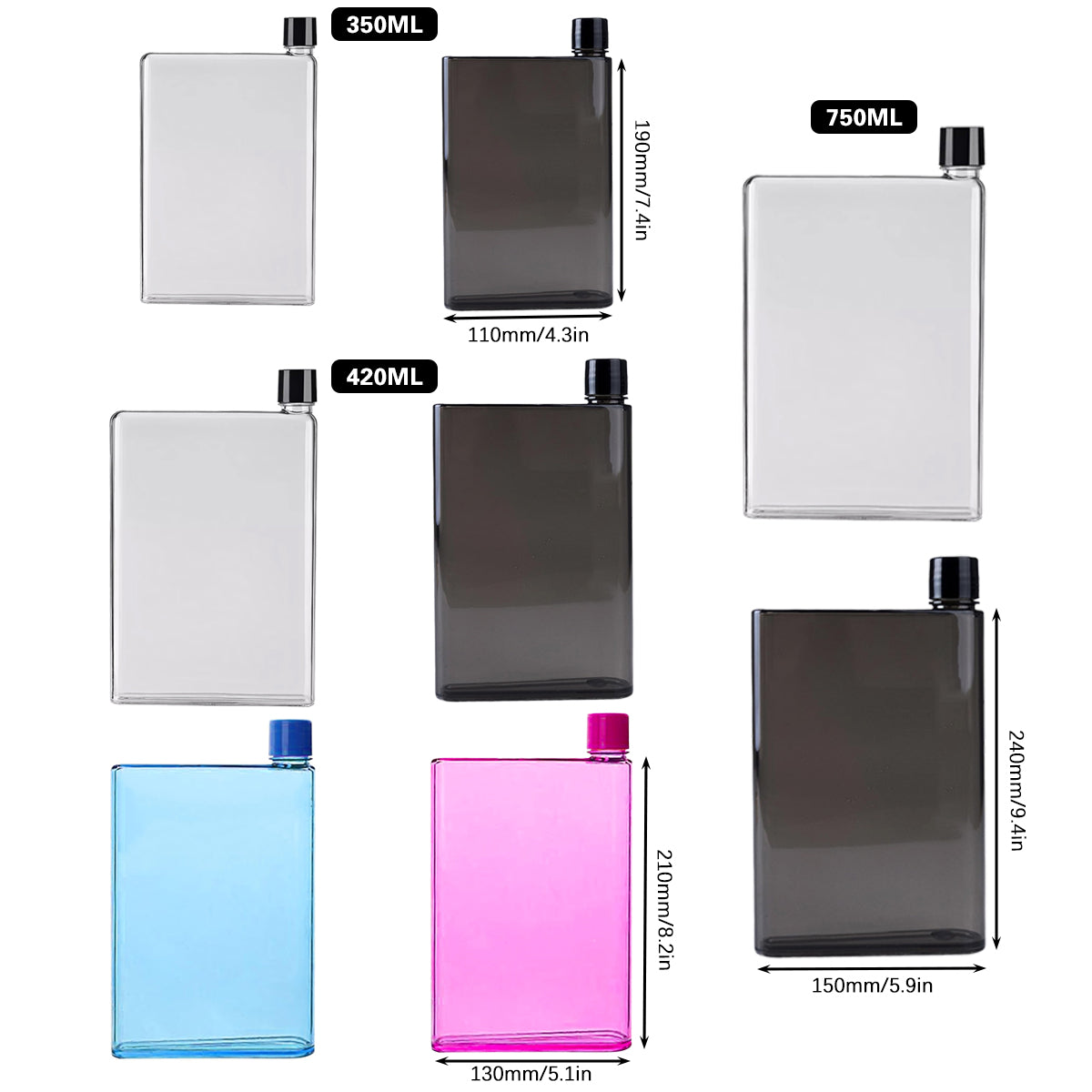 Slim Flat Water Bottle, BPA-Free Plastic Drink Bottle - Transparent 350ml - view 4