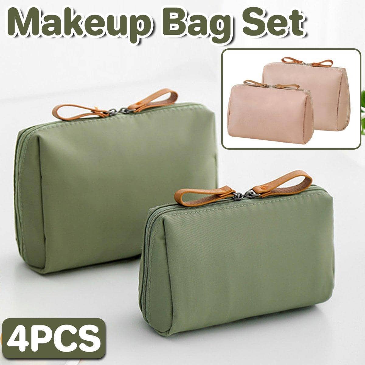 Small and Large Makeup Bag Set for Travel - Green and Pink, Set of 4