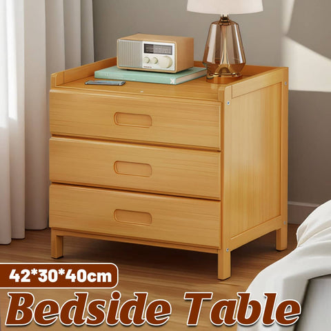 Small Bamboo and MDF Bedroom Nightstand with 3 Drawers, 42 x 30 x 40 cm