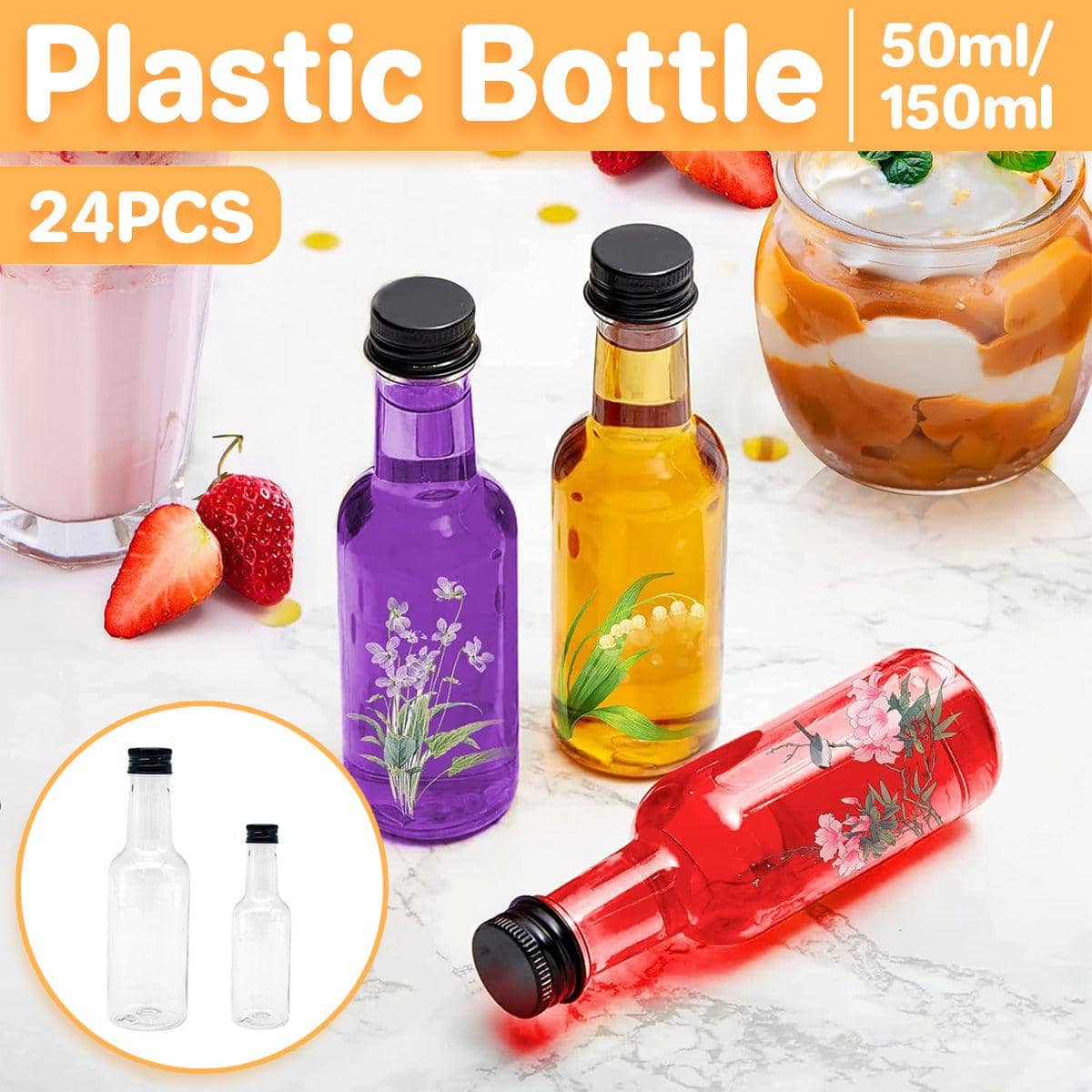 Small Clear Plastic Bottles with Black Screw Caps, Pack of 24 - 150 ml - view 2