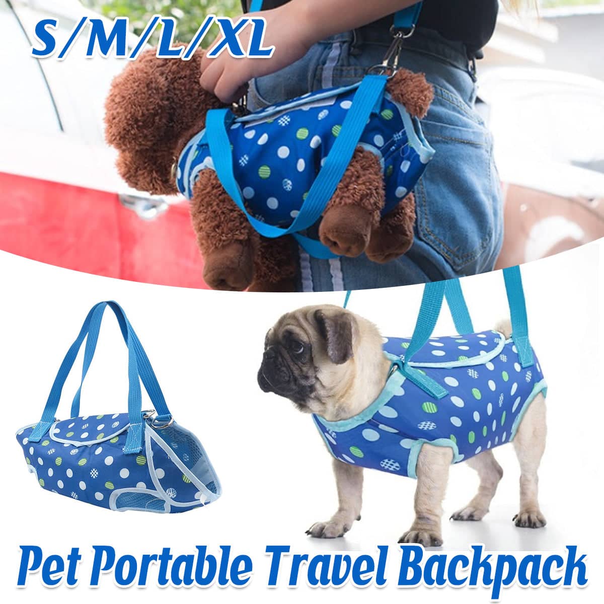 Small Dog Carrier Bag, Four-Legged Shoulder Style - Blue Polka Dot, Size M (Chest 32 cm) - view 2