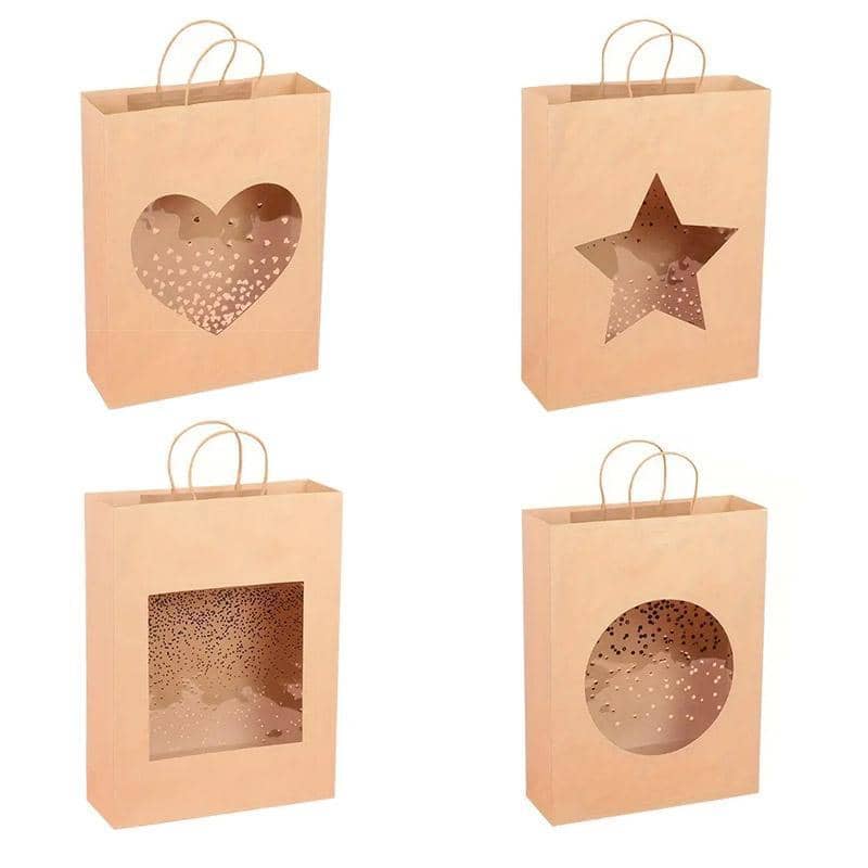 Small Kraft Paper Gift Tote Bag with Window, 21 x 25.5 x 10 cm - Circle Window, Pack of 20 - view 3