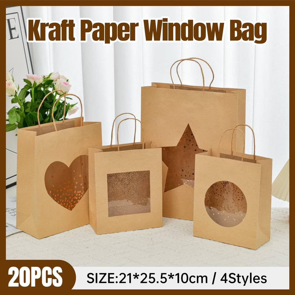 Small Kraft Paper Gift Tote Bag with Window, 21 x 25.5 x 10 cm - Square Window, Pack of 20 - view 2
