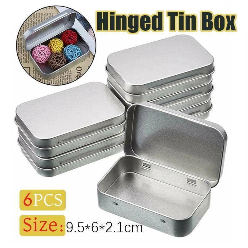 Small Metal Hinged Storage Tin Boxes with Lid - Pack of 6, Matte Silver