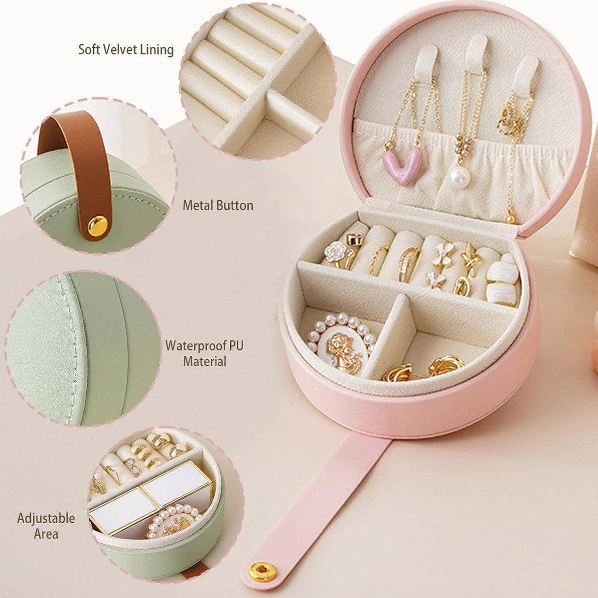 Small Portable PU Leather Jewellery Box Travel Case for Necklace Ring and Earring - Pink - view 5