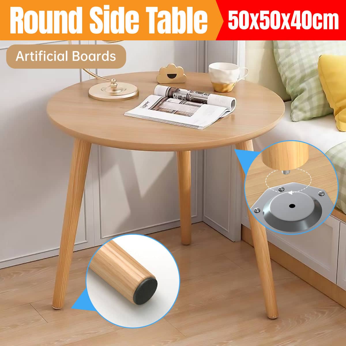 Small Round Side Table, Engineered Wood with Wood Grain Finish - 50 cm Diameter x 40 cm High
