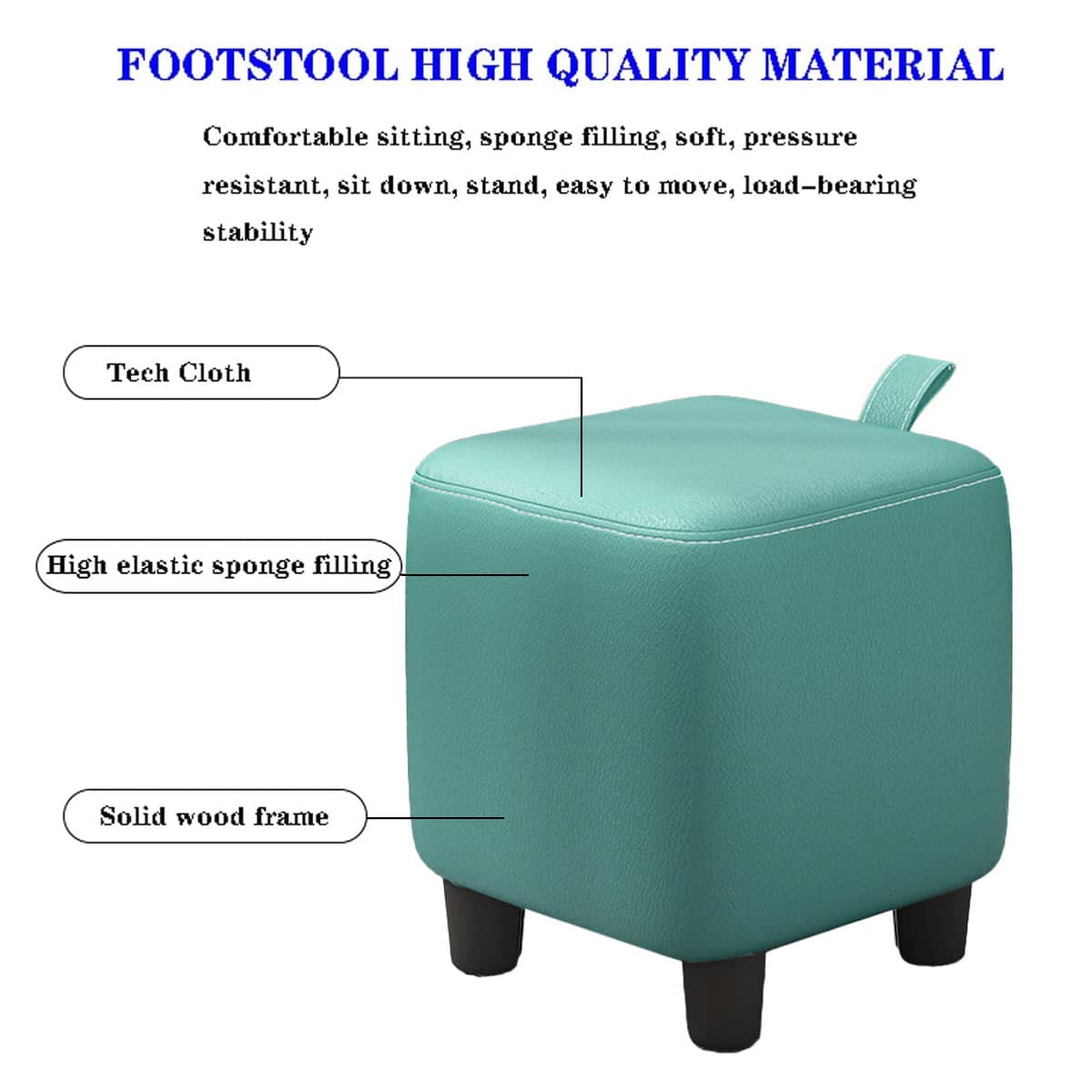 Small Square Stool with Solid Wood Frame and Handle - Teal - view 5