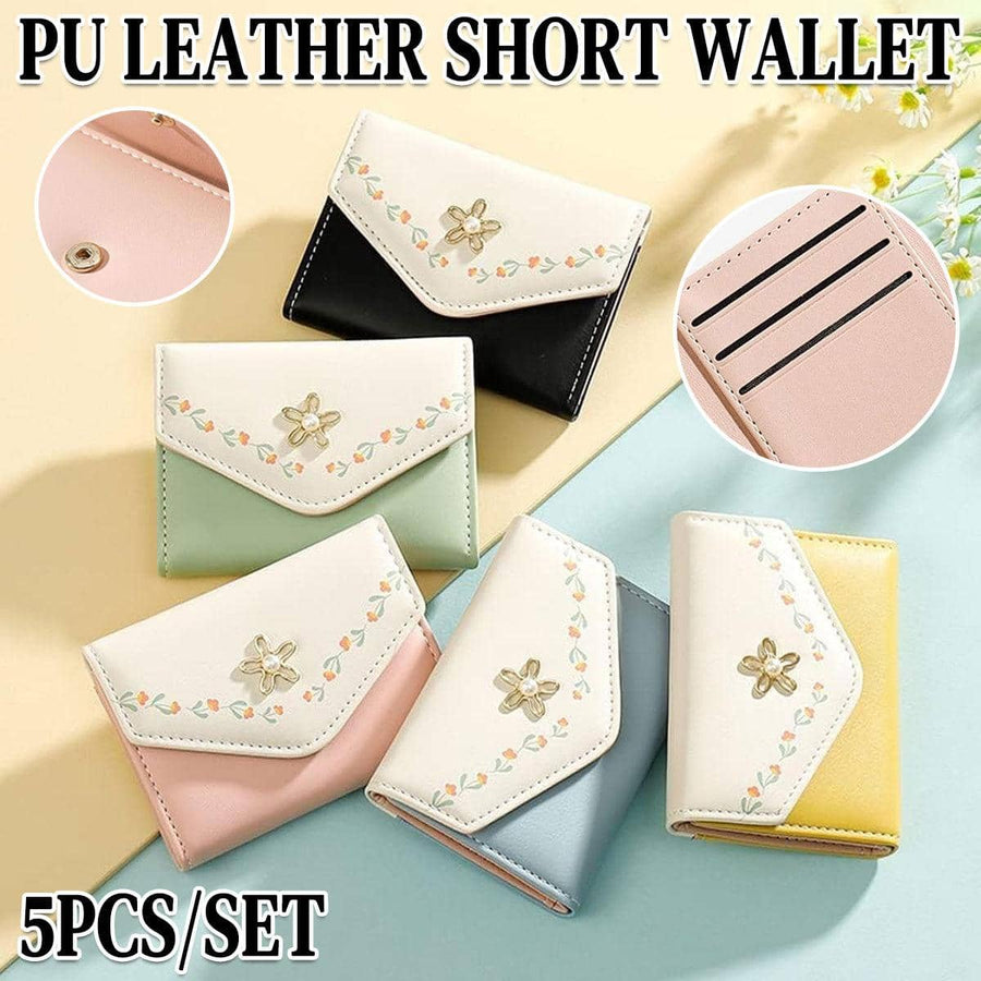Small Women's Tri-Fold PU Leather Wallet with Floral Clasp, Set of 5