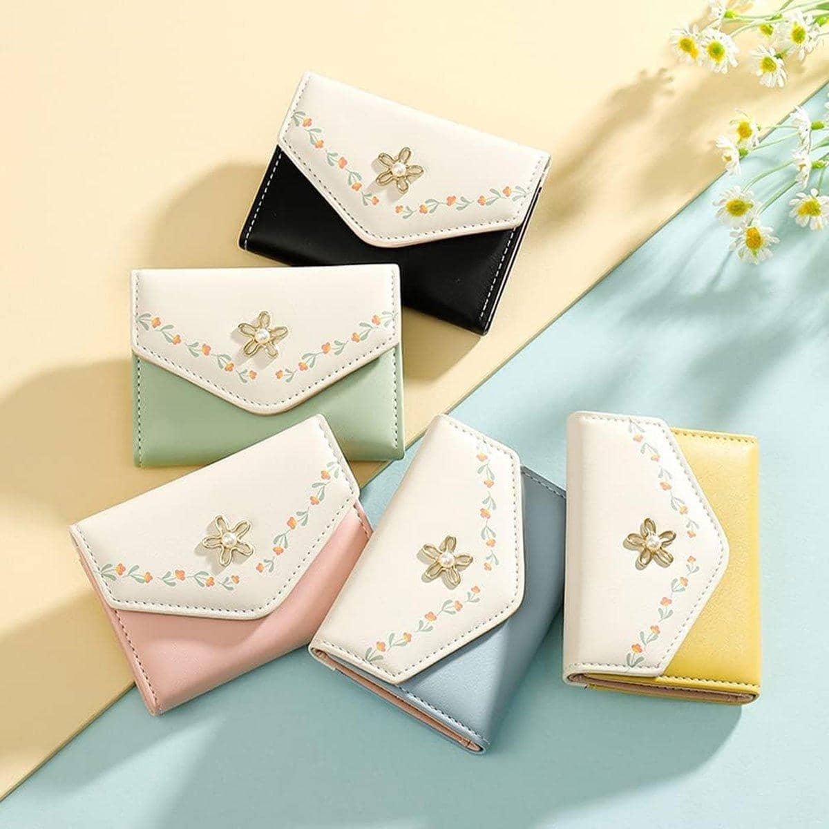 Small Women's Tri-Fold PU Leather Wallet with Floral Clasp, Set of 5 - view 4