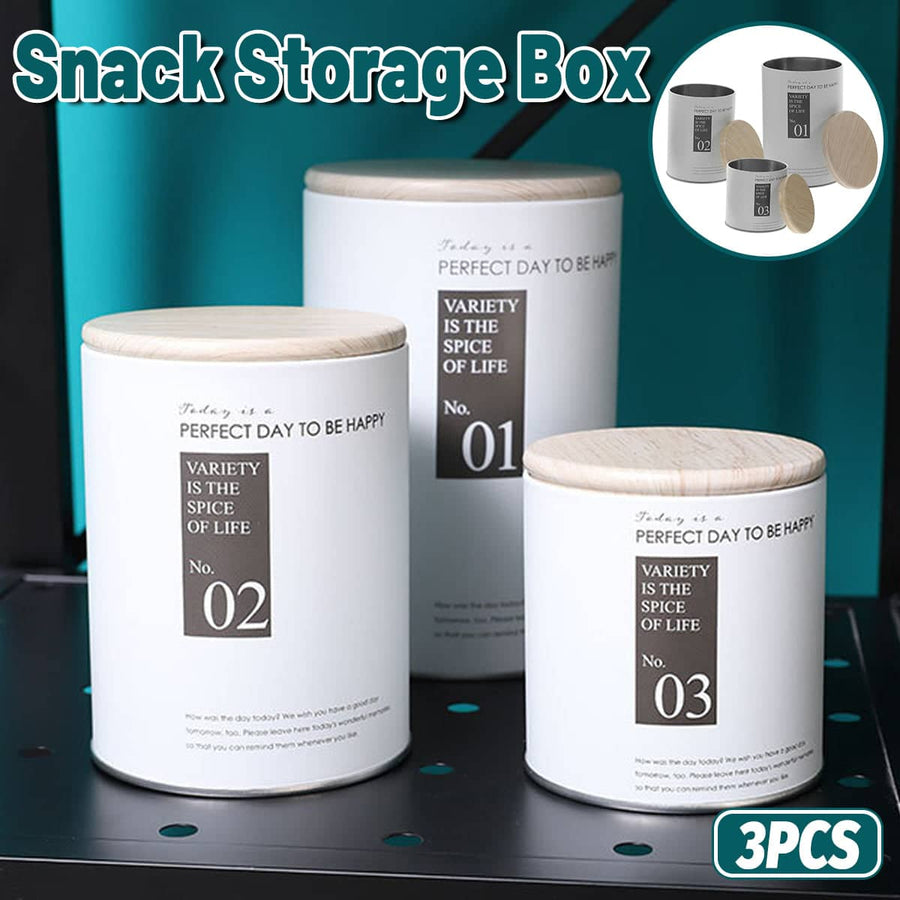 Snack Storage Jar Set, 3 Piece Tinplate Canisters with Wood Lids, White