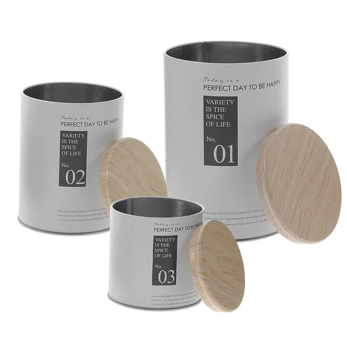 Snack Storage Jar Set, 3 Piece Tinplate Canisters with Wood Lids, White - view 2