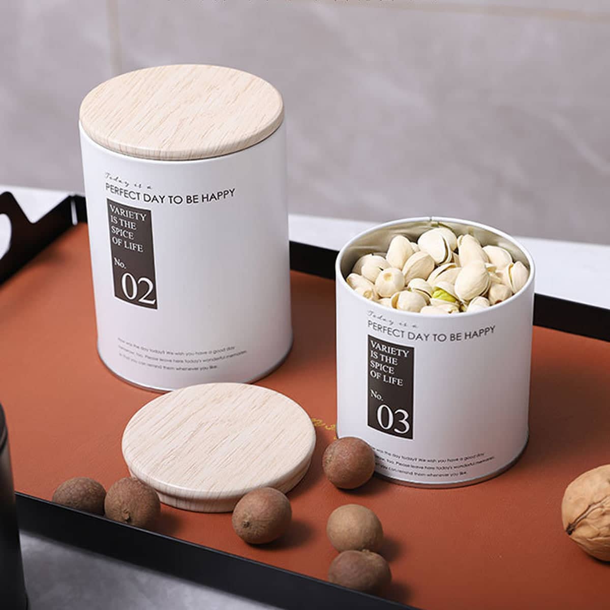 Snack Storage Jar Set, 3 Piece Tinplate Canisters with Wood Lids, White - view 5