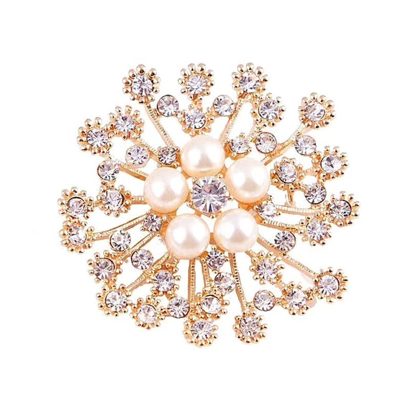 Snowflake Brooch with Imitation Pearls and Rhinestones - Gold