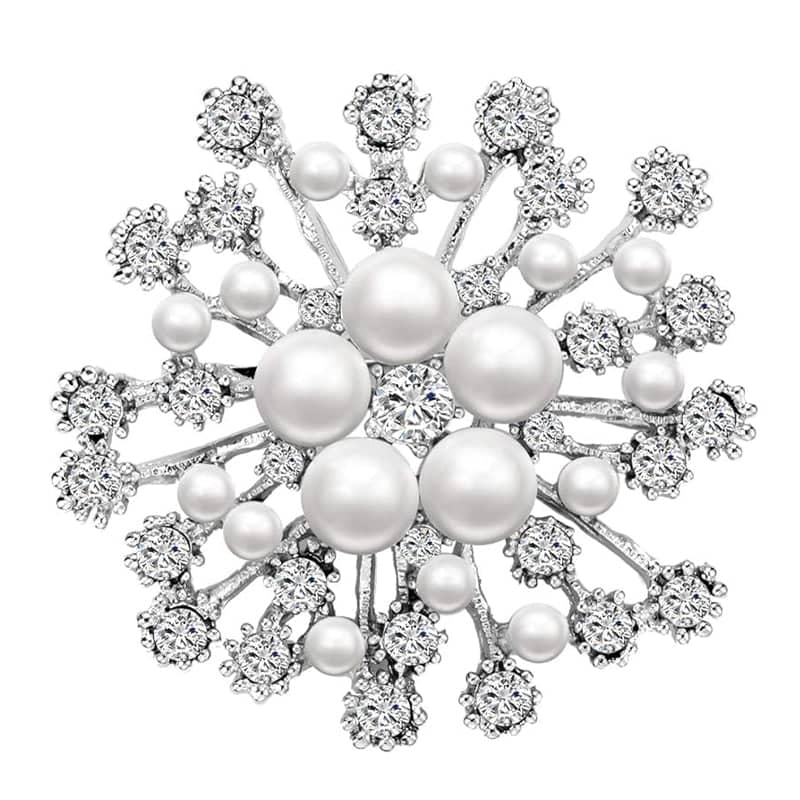 Snowflake Brooch with Imitation Pearls and Rhinestones - Silver