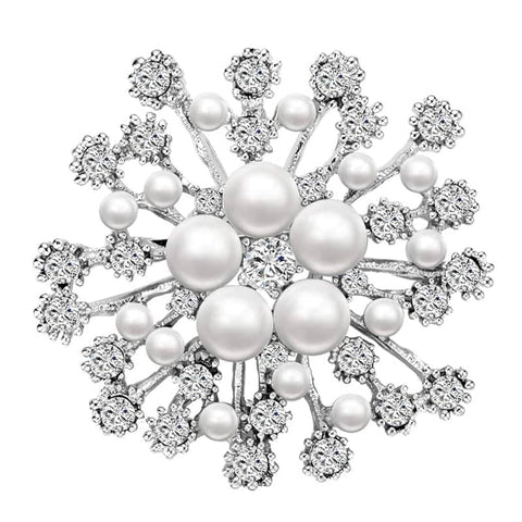 Snowflake Brooch with Imitation Pearls and Rhinestones - Silver