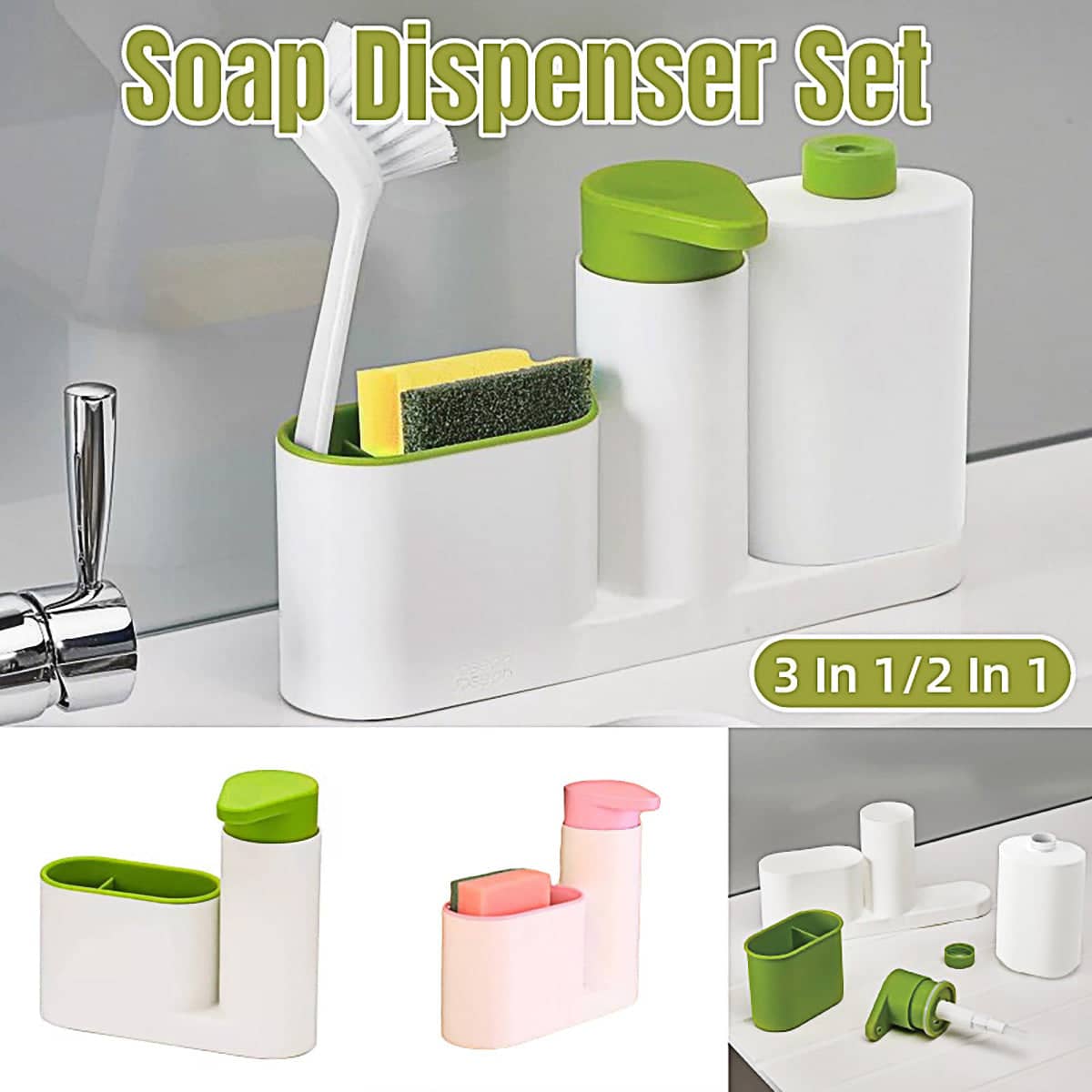 Soap Dispenser and Sink Organiser Set - 2 Piece, White with Green Accents