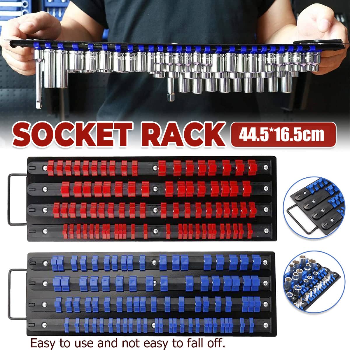 Socket Organiser Rack 4 Row Wall Mounted with Carry Handle for 1/4, 3/8 and 1/2 Drive - Blue - view 2