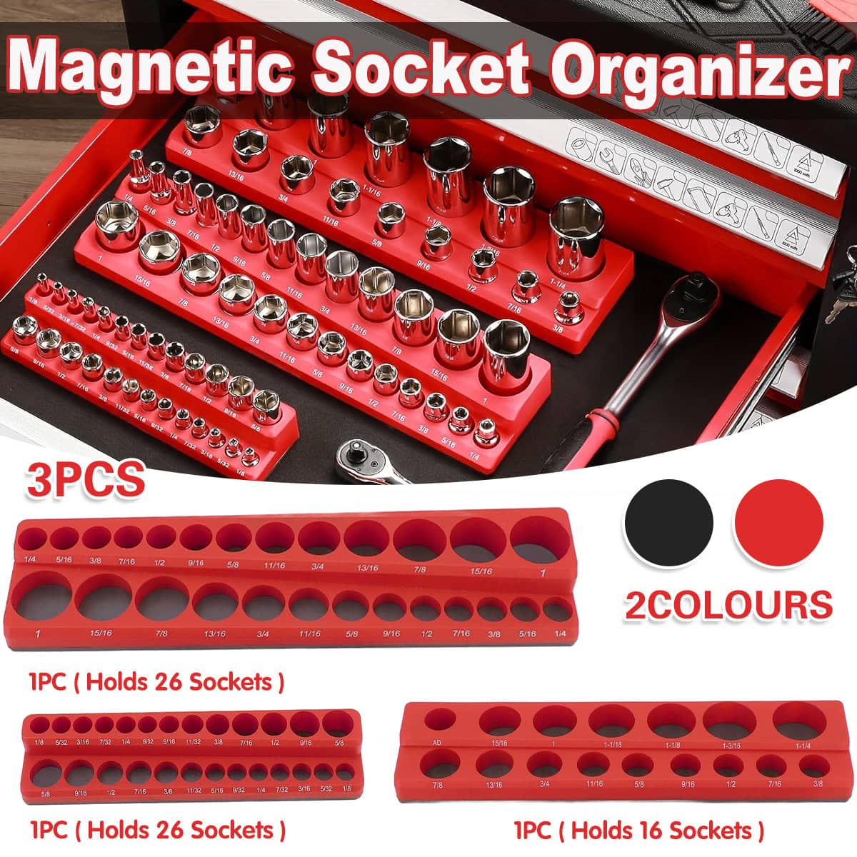 Socket Organiser Set 3 Piece Wall Mountable Tool Holder for 1/4, 3/8 and 1/2 Drive Sockets - Red - view 2