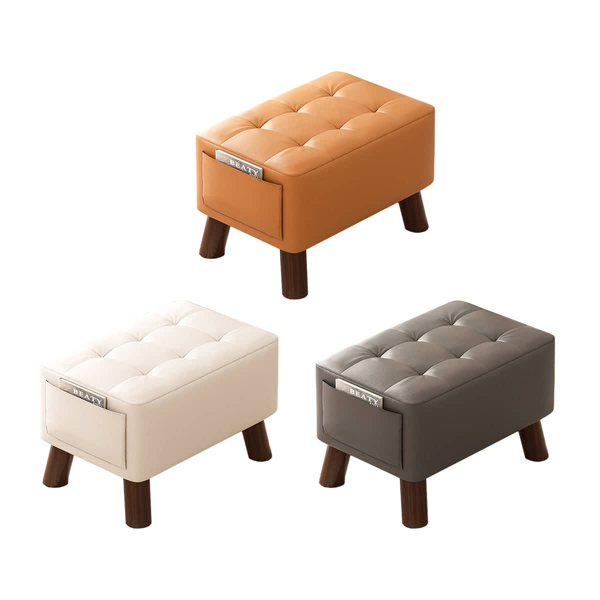 Sofa Stool Shoe Changing Bench with Side Pocket, 28 x 28 x 40 cm - Beige - view 3