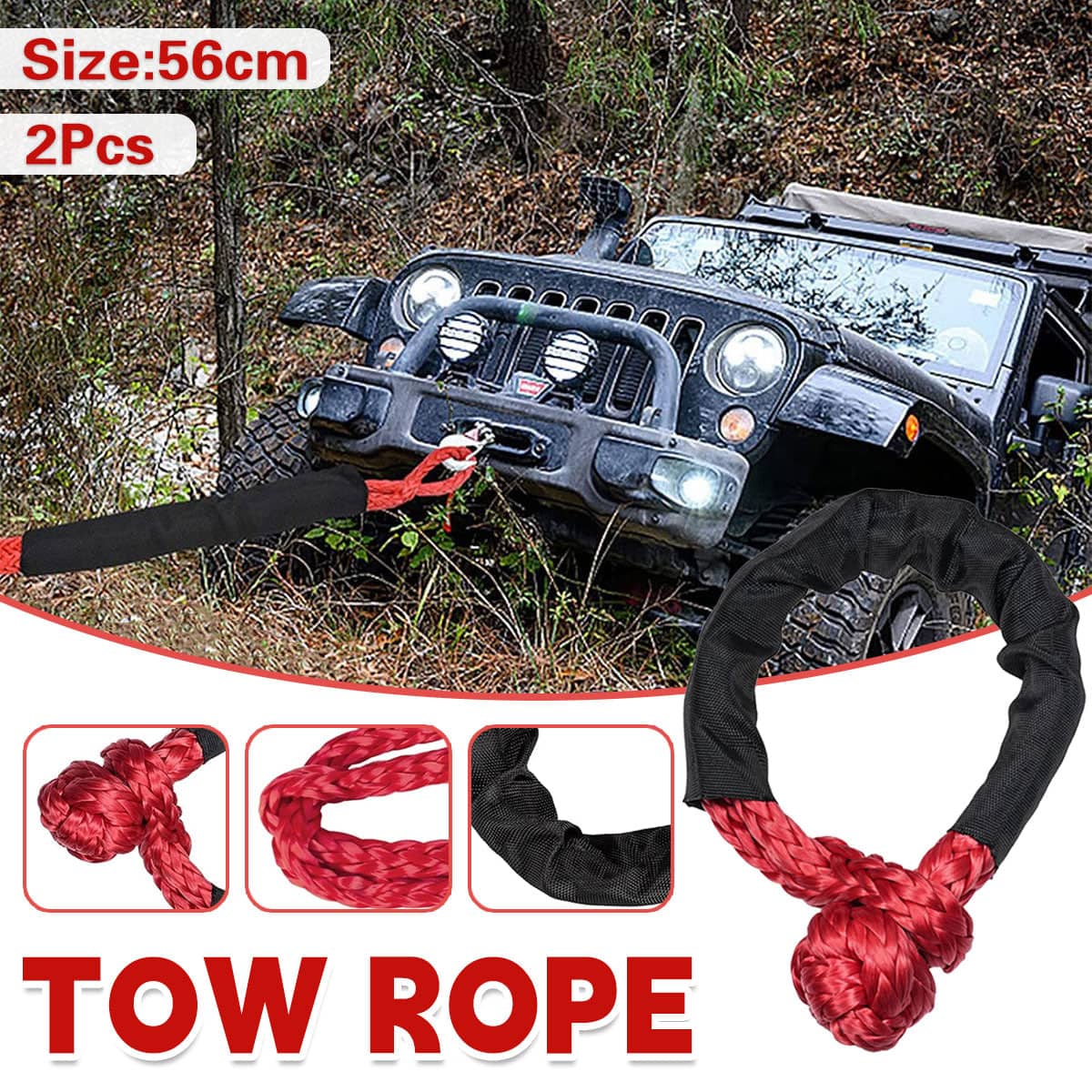 Soft Shackle Tow Rope Set, Pack of 2, 56 cm Heavy Duty Recovery Strap in Black and Red
