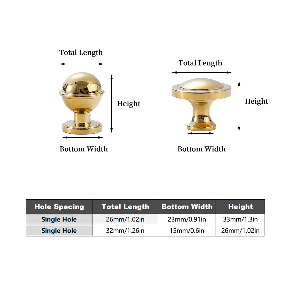 Solid Brass Cabinet Knob, Single Hole - Gold, 26mm Ball Style - view 4