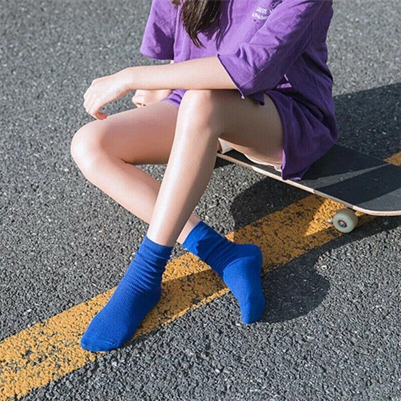 Solid Colour Cotton Crew Socks for Women - Blue 4 Pairs - view 5