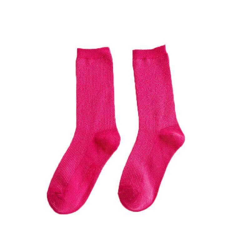 Solid Colour Cotton Crew Socks for Women - Rose Red 1 Pair