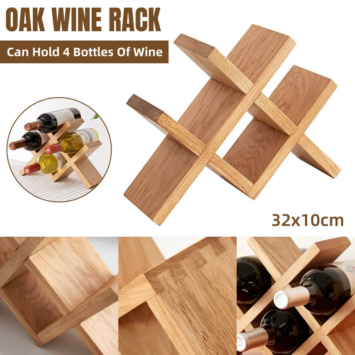 Solid Oak Wine Rack for 4 Bottles, Desktop Bottle Holder