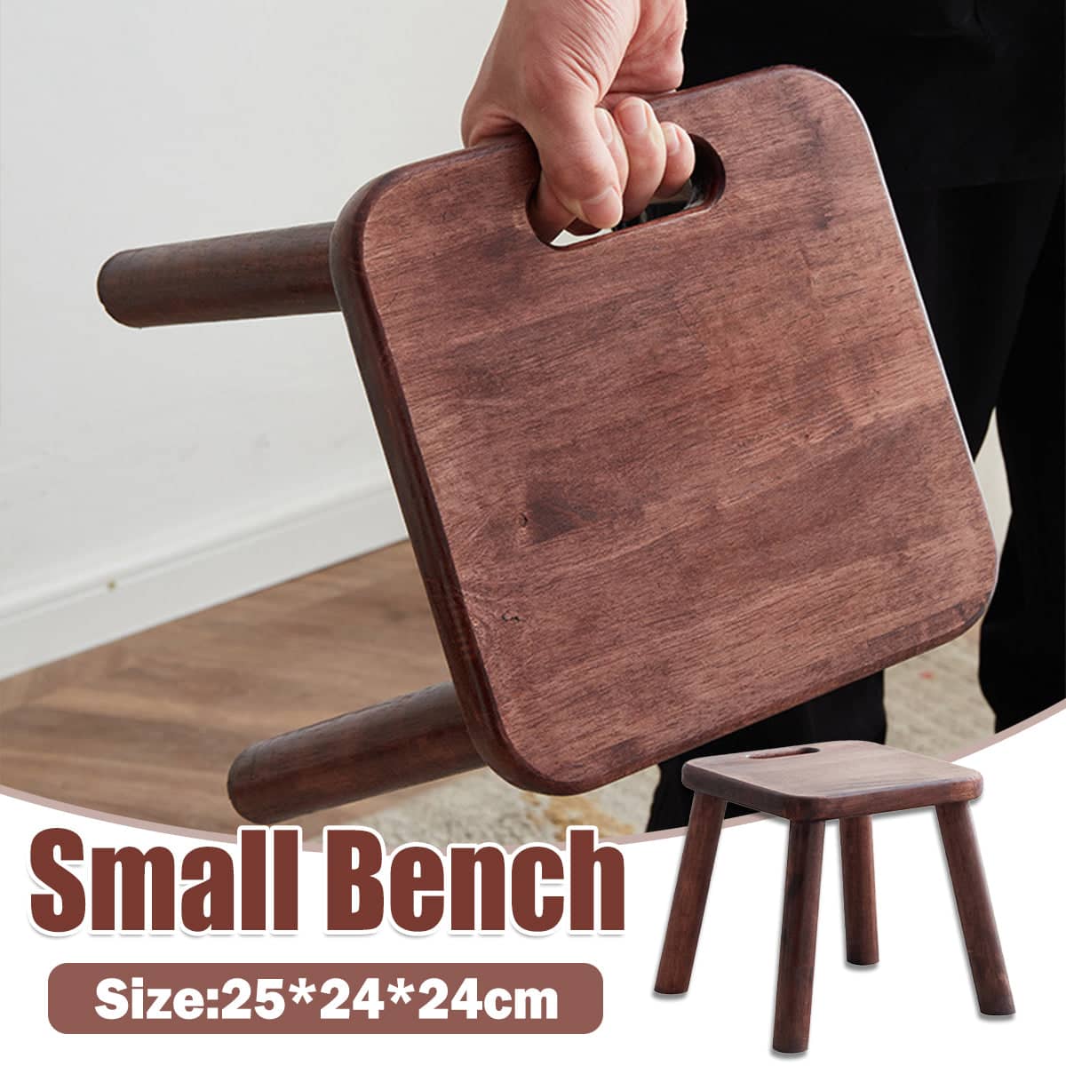Solid Rubber Wood Small Shoe Bench Stool in Walnut for Entryway