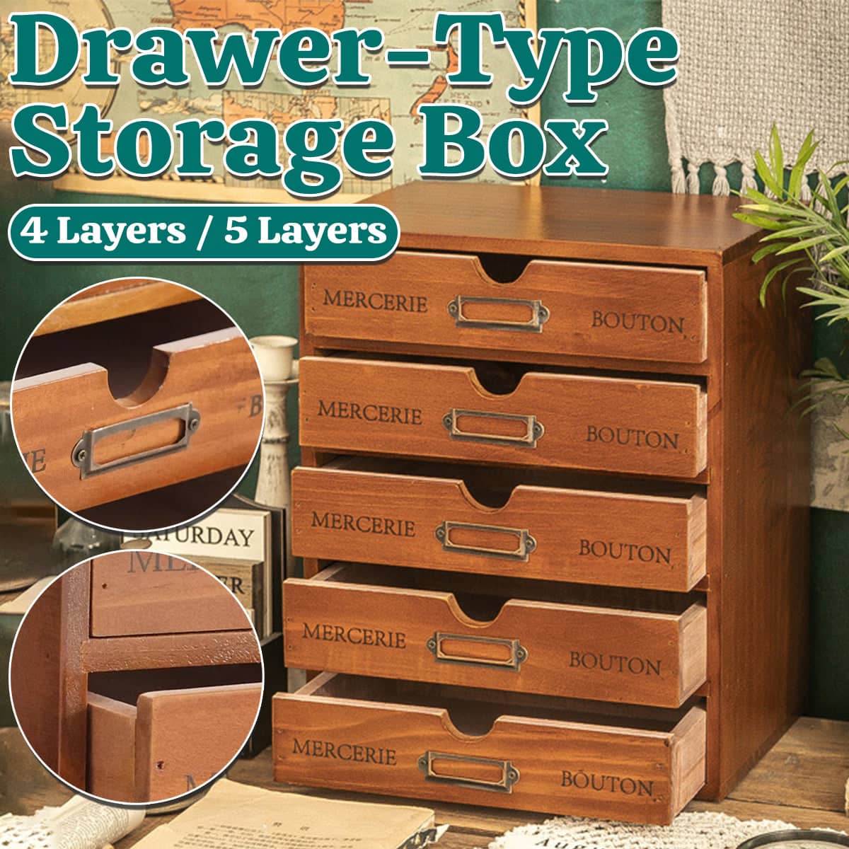 Solid Wood Desktop Storage Box with 5 Drawers, 5 Layers, 31.1 x 25.2 x 17.5 cm - view 2