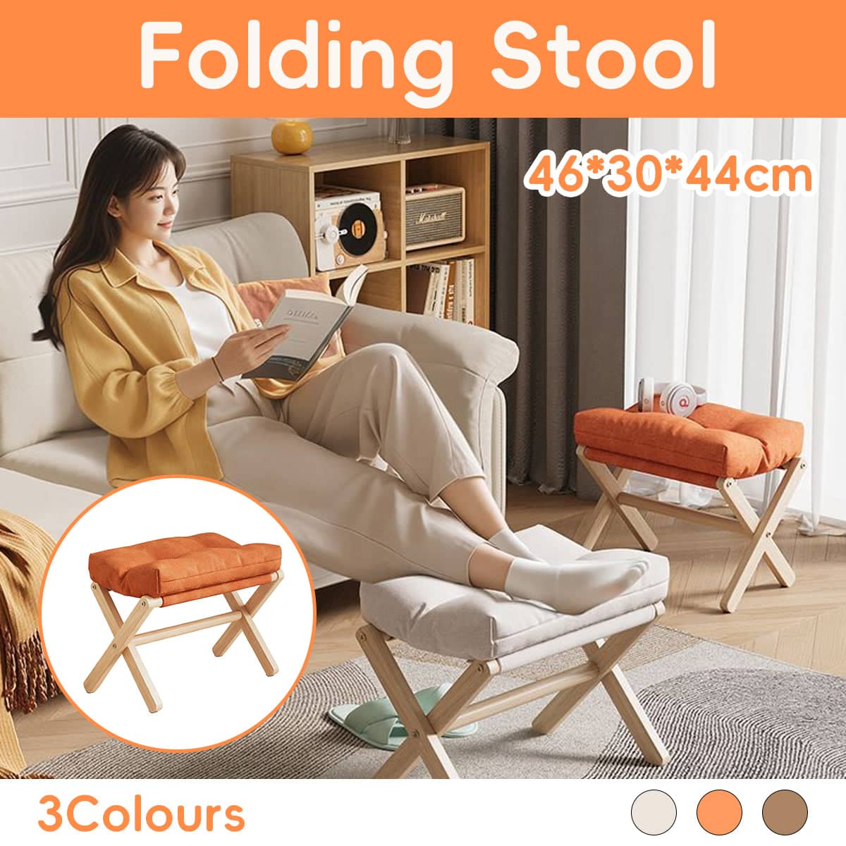 Solid Wood Foldable Foot Stool for Home Office and Bedroom, Portable Seat - Brown - view 2